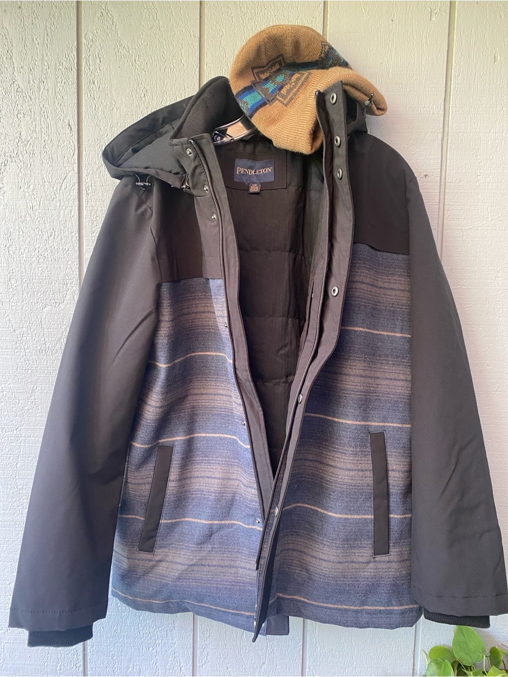 Pendleton Men’s Black and Blue Striped Hooded Jacket with wool and Beanie